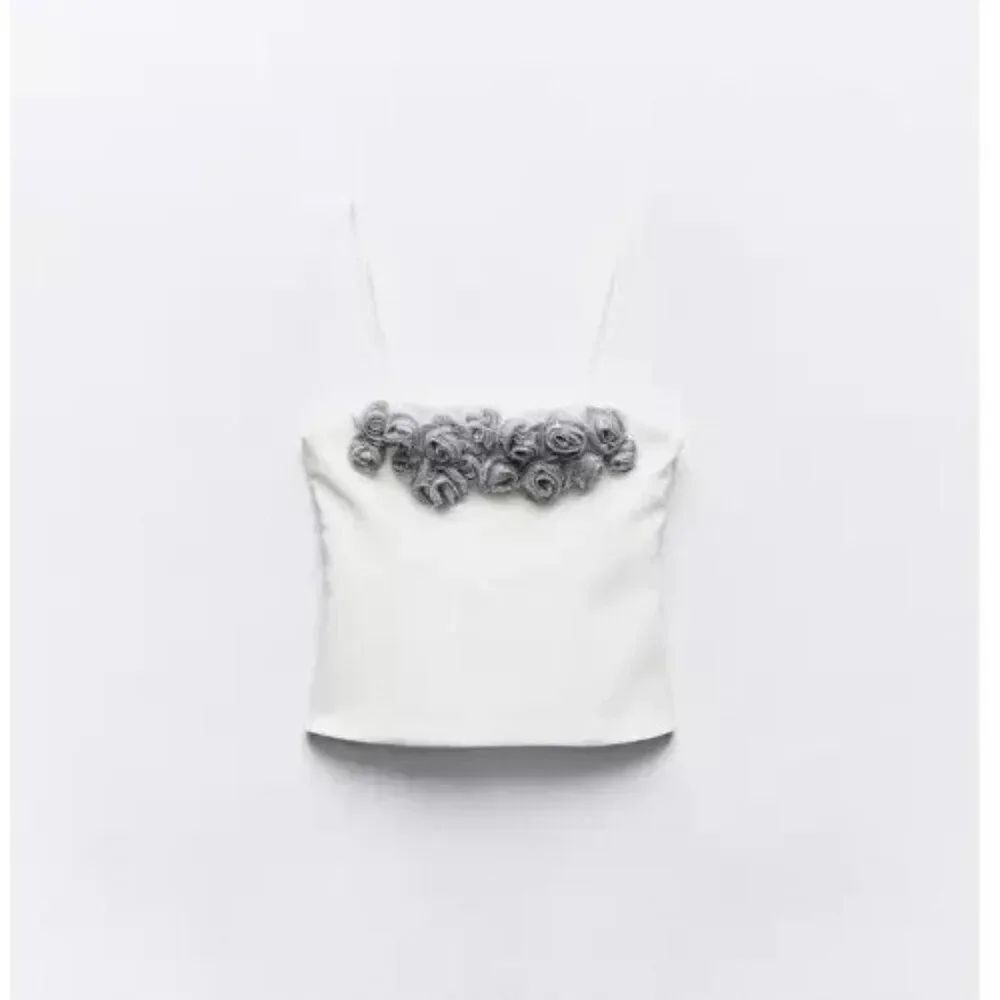 Zara Womens Top M White Camisole Silver Rhinestone Flower Lined 4772/001 NWT